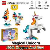 Lego 31140 Creator 3 in 1 Magical Unicorn Toy, Transforms from Unicorn to Seahorse to Peacock, Rainbow Animal Figures 145 PCS
