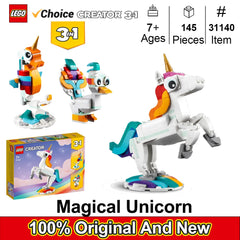Lego 31140 Creator 3 in 1 Magical Unicorn Toy, Transforms from Unicorn to Seahorse to Peacock, Rainbow Animal Figures 145 PCS