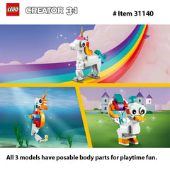 Lego 31140 Creator 3 in 1 Magical Unicorn Toy, Transforms from Unicorn to Seahorse to Peacock, Rainbow Animal Figures  145 PCS
