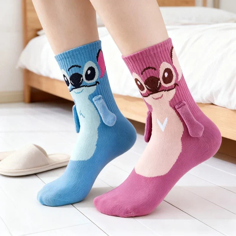 Disney Anime Stitch Angel Magnetic Attraction Hand in Hand Socks Men and Women Mid Tube Couple Socks Floor Socks Funny Home