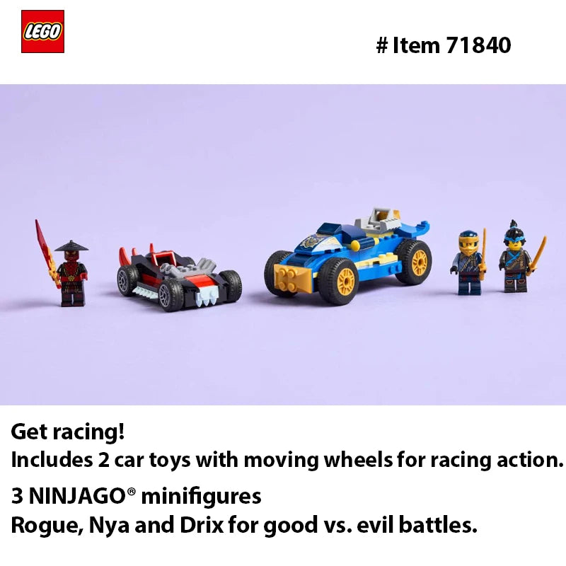 LEGO 71840 NINJAGO® Rogue vs. Drix Race Car Duel playset. This hero toy battle set lets imaginative children，111PCS